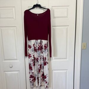 Long Sleeve Burgundy Top with Floral White Skirt Maxi Dress